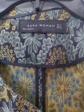 Zara Woman Navy Jacket with Gold & Green Floral Brocade